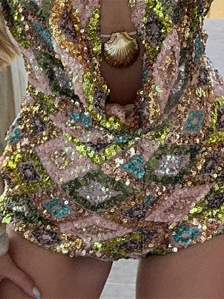 Sexy Sequin Halter Vest Shorts Women 2 Piece Sets Women Sleeveless Backless Vest Hip Package Short Pant 2025 Summer Lady Set