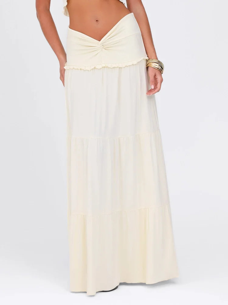 Sexy Party Top Skirt Sets  V Neck Pleated Hem Halter Vest Low Waist Slim Fit Long Skirt 2026 New Lady Beach Dresses