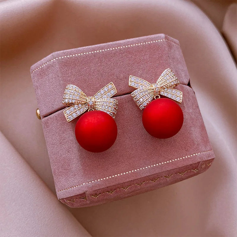 Sweet Red Pearl Rhinestone Bow Stud Earrings Temperament Light Luxury Jewelry For Women Christmas Fashion Gifts