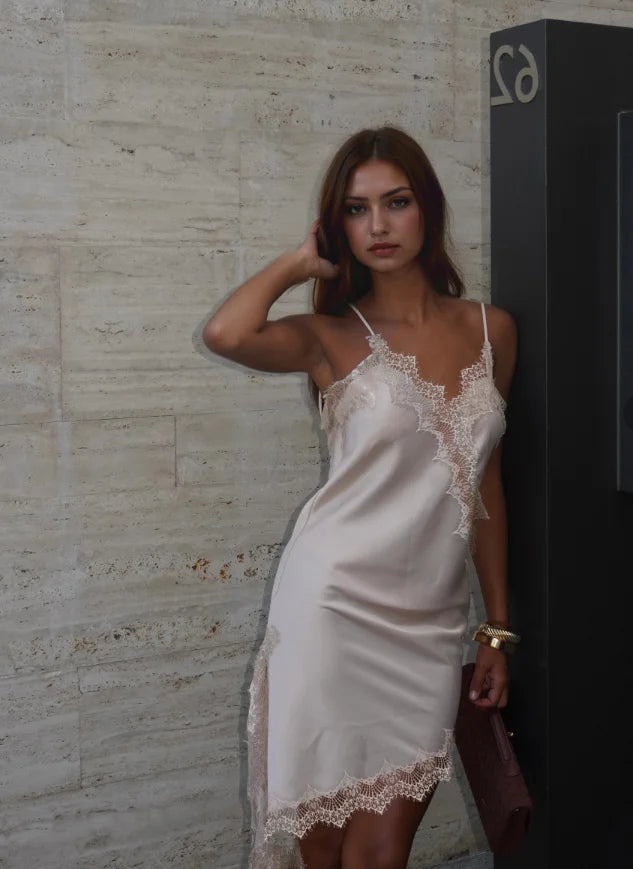 Satin Sexy Lace Spliced Short Sling Dress Women Sleeveless Backless Asymmetric Sexy Party Dresses 2025 Summer Lady Dress ﻿