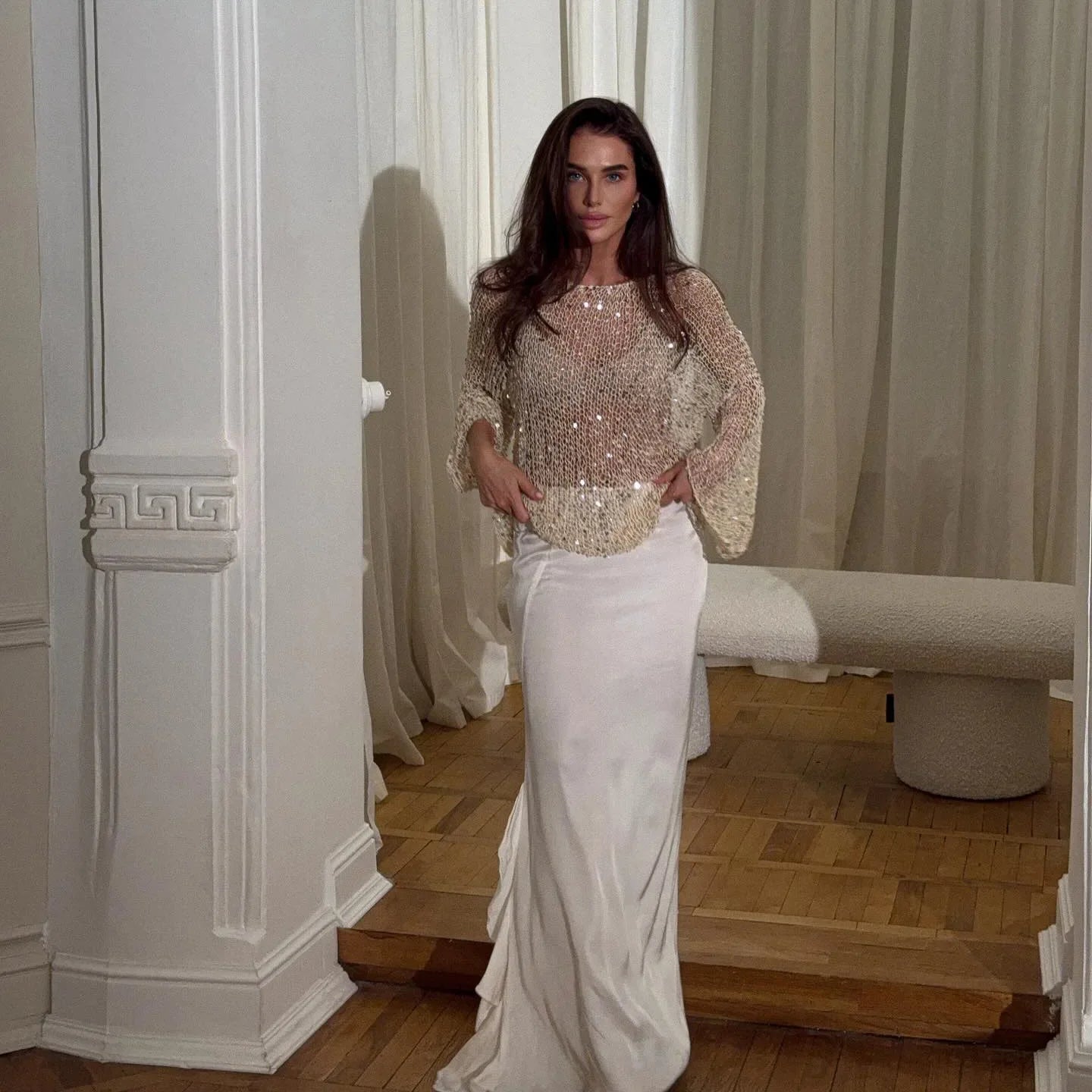 Sequin Knitted Hollow Out Sweater for Women Elegant O-neck Loose Long Sleeve Knitting Top Fashion Spring Female Chic Pullover