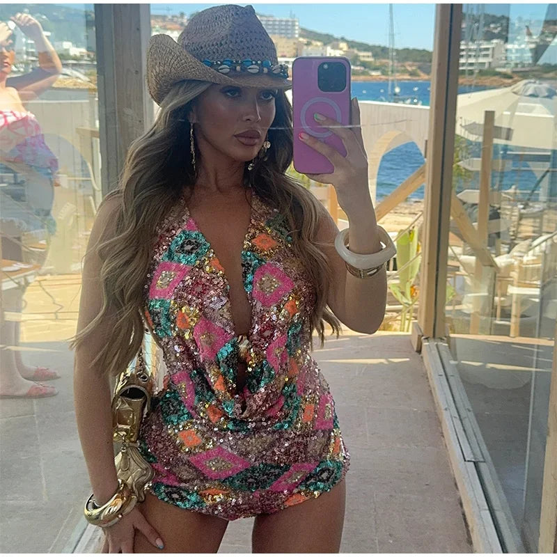 Sexy Sequin Halter Vest Shorts Women 2 Piece Sets Women Sleeveless Backless Vest Hip Package Short Pant 2025 Summer Lady Set