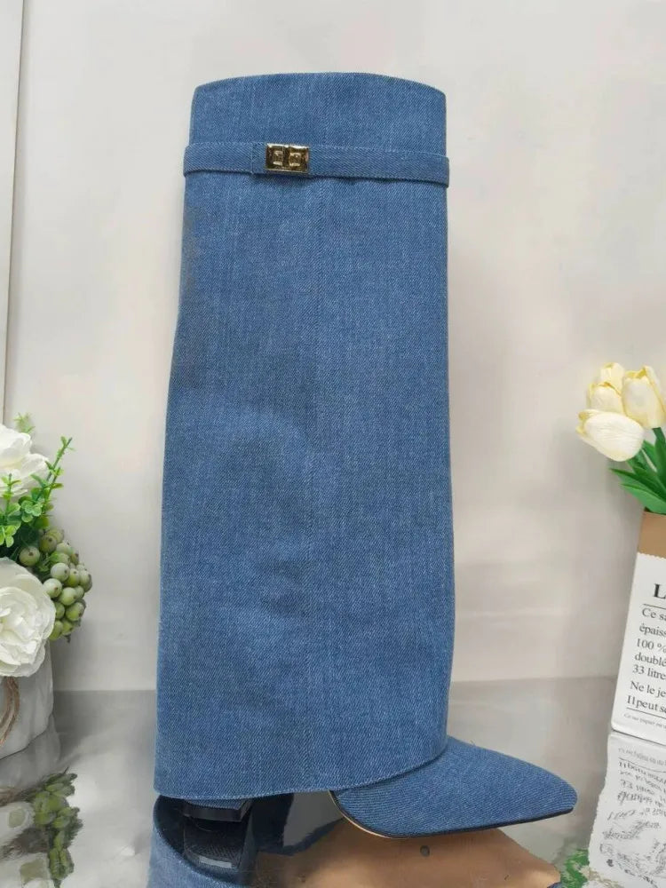 New Pointed Metal Buckle Knee High Women's Boots, Thick High-heeled Pants Boots, Fashionable Mid Leg Boots