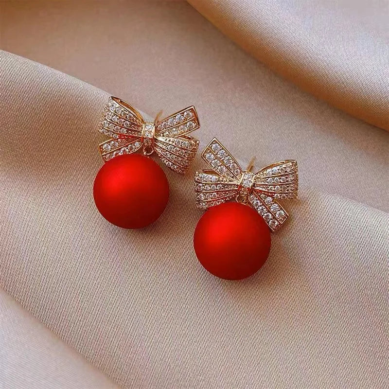 Sweet Red Pearl Rhinestone Bow Stud Earrings Temperament Light Luxury Jewelry For Women Christmas Fashion Gifts