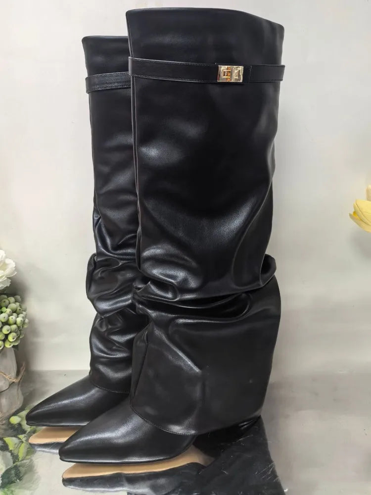 New Pointed Metal Buckle Knee High Women's Boots, Thick High-heeled Pants Boots, Fashionable Mid Leg Boots