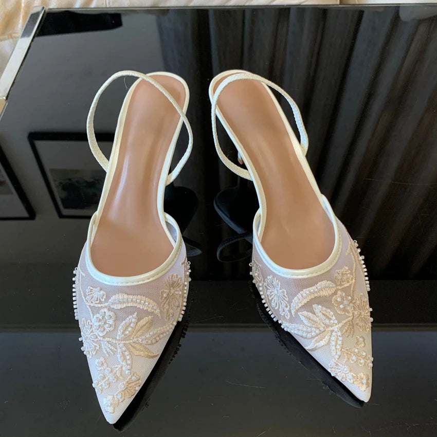 Designer White Women Pumps Mesh Embroidered Flowers Back Strap Sexy Slingback High Heels Dress Wedding Shoes for Ladies
