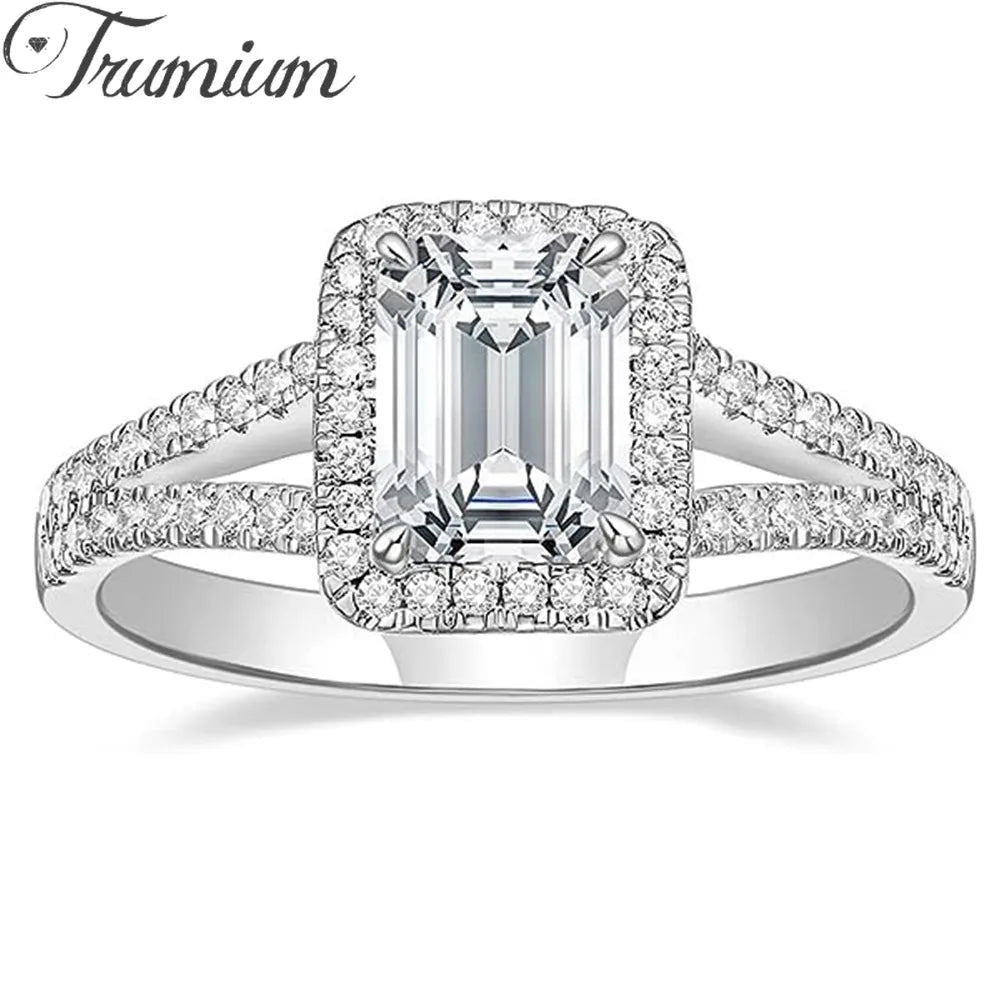Trumium 2CT Engagement Rings for Women Emerald Cut 5a Cubic Zirconia Wedding Band Curved Halo Promise Ring Eternity Jewelry