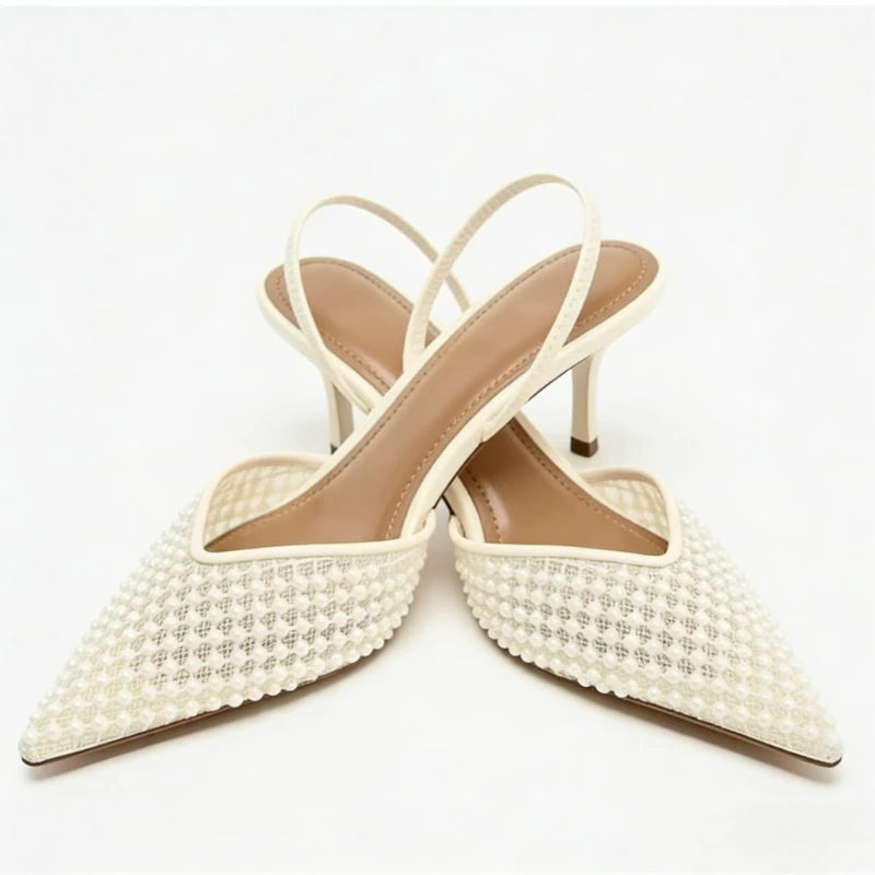 Mesh String Bead Brand Sandals Women Pumps Pointed Toe Elegant Slingback High Heels Female Designer Banquet Wedding Dress Shoes