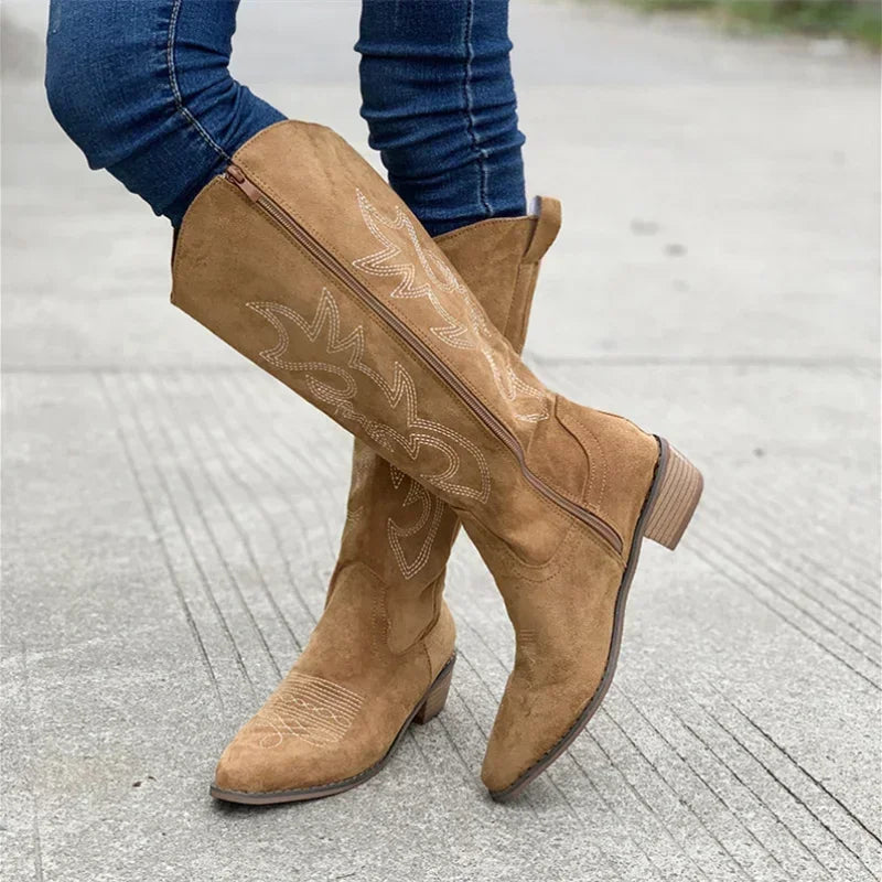 Embroidered Western Cowboy Boots for Women Pointed Toe Thick Heel High Knee Boots Woman Loose PU Leather Long Botas Mujer