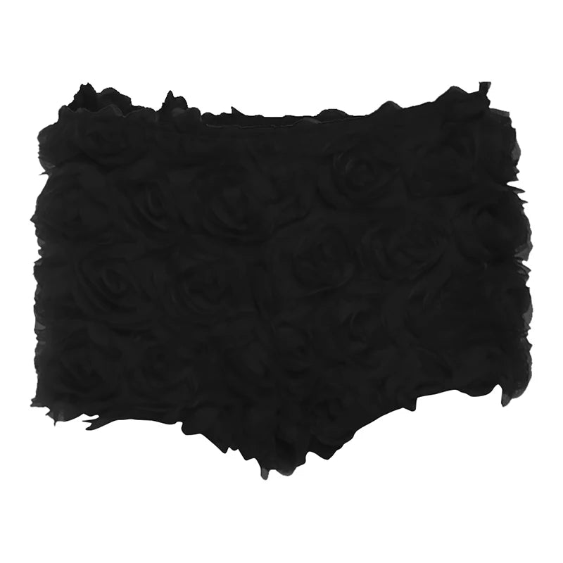 SylCue 3d Flower Decoration Mini Shorts Woman Elastic High Waist Skinny Peach Hip Sweet Girls Street Y2K Style Classic Bottoms