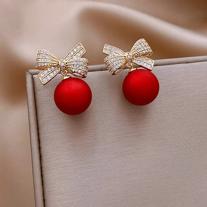 Sweet Red Pearl Rhinestone Bow Stud Earrings Temperament Light Luxury Jewelry For Women Christmas Fashion Gifts