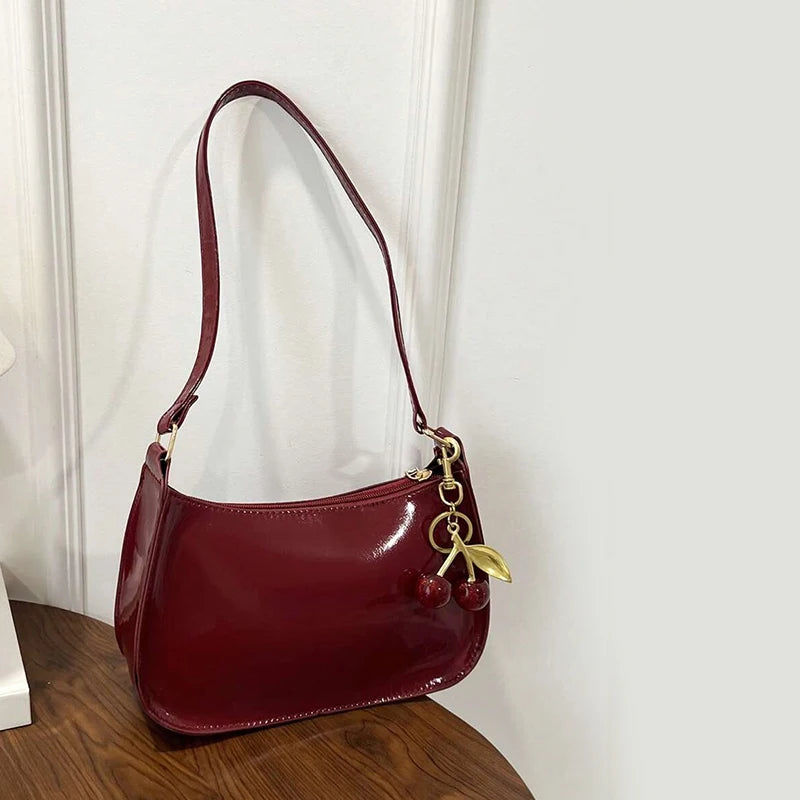 PU Leather Handbag Versatile Fashion Solid Color Cherry Pendant Shoulder Bag Casual Commuting Bag Girl Underarm Bag
