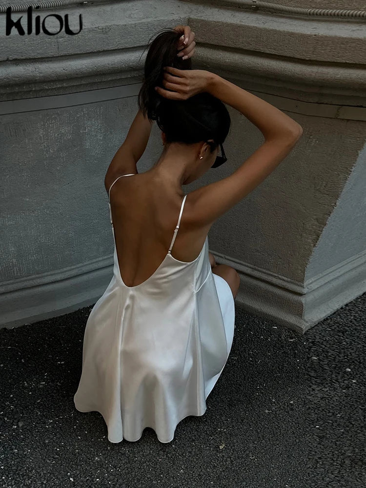 Kliou Lace Patchwork Women Sexy Mini Dress Summer Suspendency Drape V-neck Backless A-line Loose Vestidos Girls Solid Basic Robe