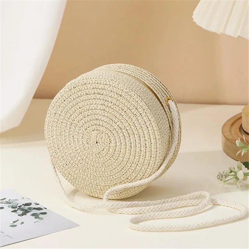 Woven Straw Handwoven Women's Shoulder Bag, Fashion Solid Color Crossbody Purse with Lock Closure