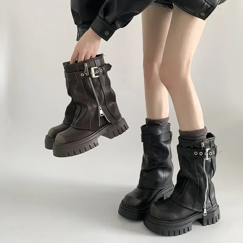 Biker Boots Fashion Belt Buckle Ladies Elegant Platform Long Pipe Booties Casual Women's Knee High Booties2024