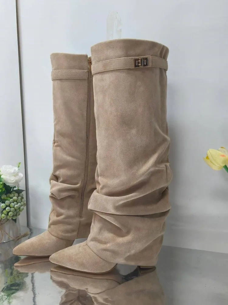 Autumn and Winter New Pointed Metal Buckle Knee High Women's Boots, Thick High-heeled Pants Boots, Fashionable Mid Leg Boots