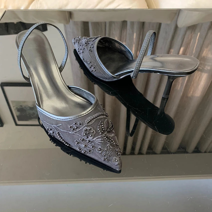 Designer White Women Pumps Mesh Embroidered Flowers Back Strap Sexy Slingback High Heels Dress Wedding Shoes for Ladies