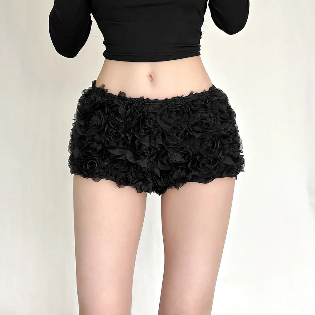 SylCue 3d Flower Decoration Mini Shorts Woman Elastic High Waist Skinny Peach Hip Sweet Girls Street Y2K Style Classic Bottoms