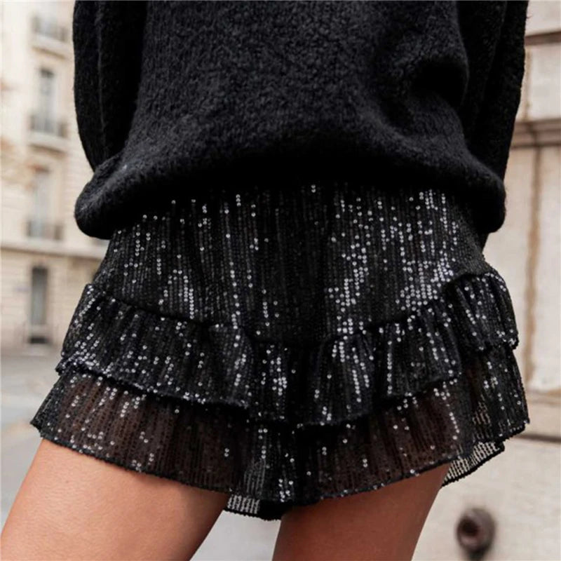 Women Summer Sequins Shorts Elastic Waist Ruffle Straight Leg Shorts Glitter Hot Short Pants for Party Club Streetwear