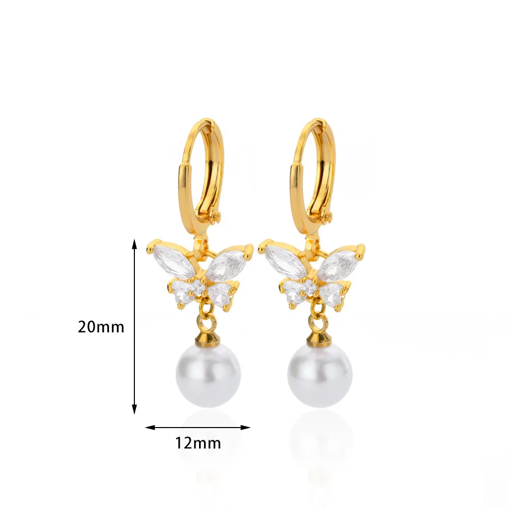 Butterfly Zircon Stainless Steel Pearl Earrings For Women Gold Plated Piercing Earring Aesthetic Luxury Jewelry Gift 2023 New