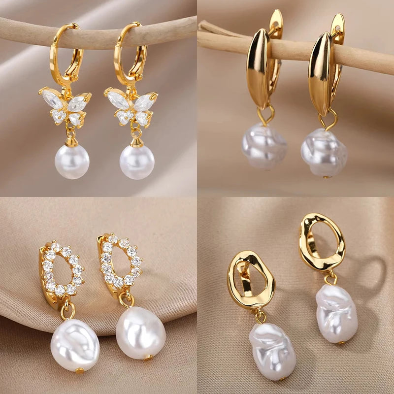 Butterfly Zircon Stainless Steel Pearl Earrings For Women Gold Plated Piercing Earring Aesthetic Luxury Jewelry Gift 2023 New
