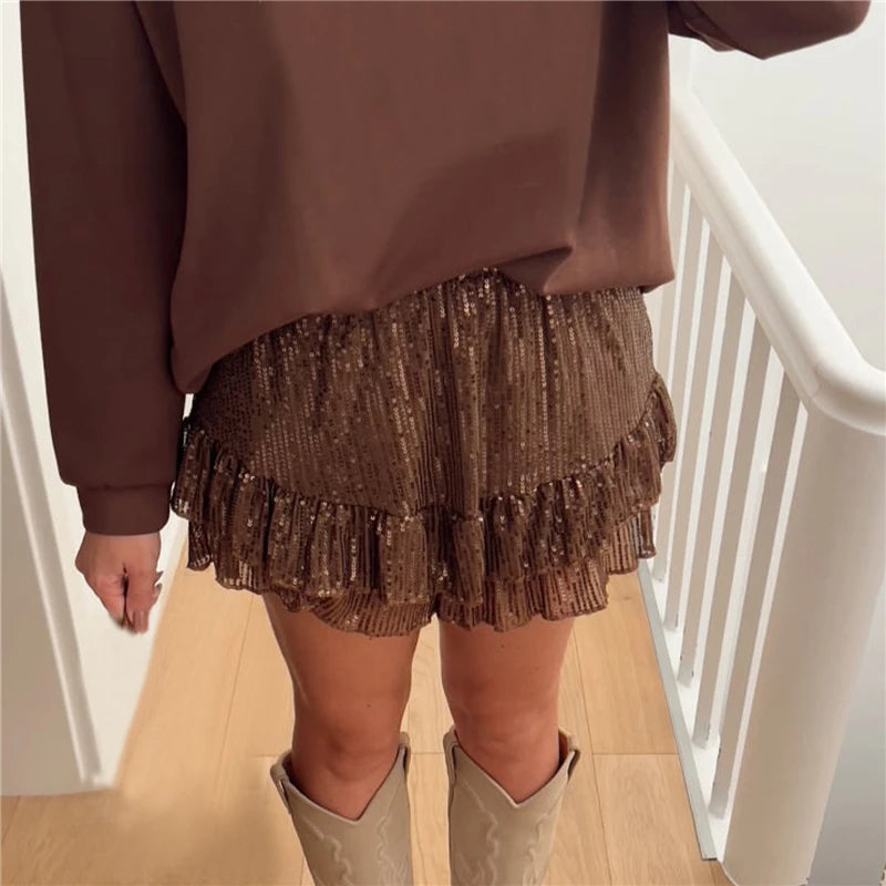 Women Summer Sequins Shorts Elastic Waist Ruffle Straight Leg Shorts Glitter Hot Short Pants for Party Club Streetwear
