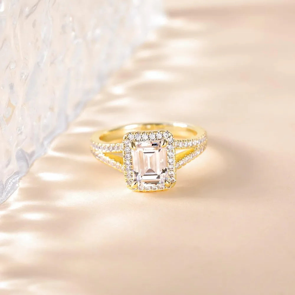 Trumium 2CT Engagement Rings for Women Emerald Cut 5a Cubic Zirconia Wedding Band Curved Halo Promise Ring Eternity Jewelry