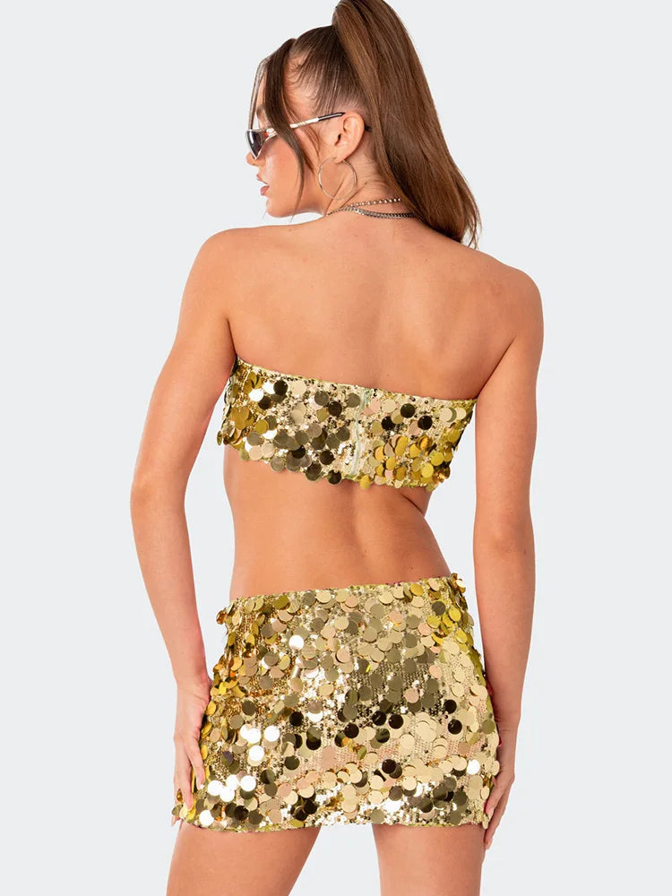 Shiny Sequins 2 Piece Cropped Top Midi Bodycon Skirt Suit
