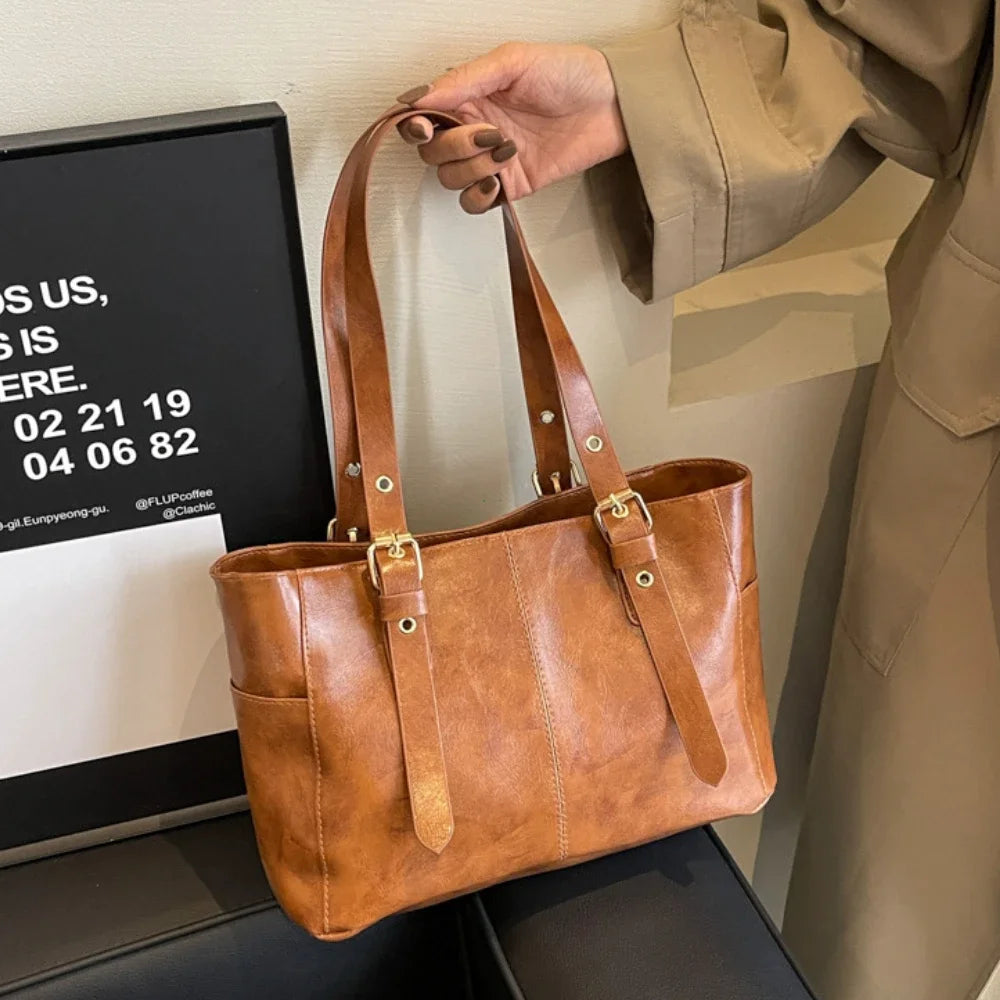 Fashion Retro Women PU Leather Trend High End Lady Tote Bag Large Capacity Female's Commuter Bag Handbag Purses