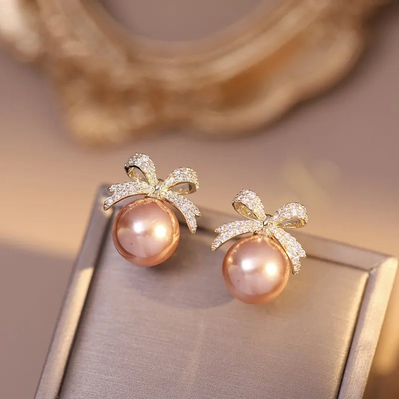 Sparkling Rhinestone Bow Pearl Stud Earrings Light Luxury Fashion Jewelry Women Gifts Wedding Birthday
