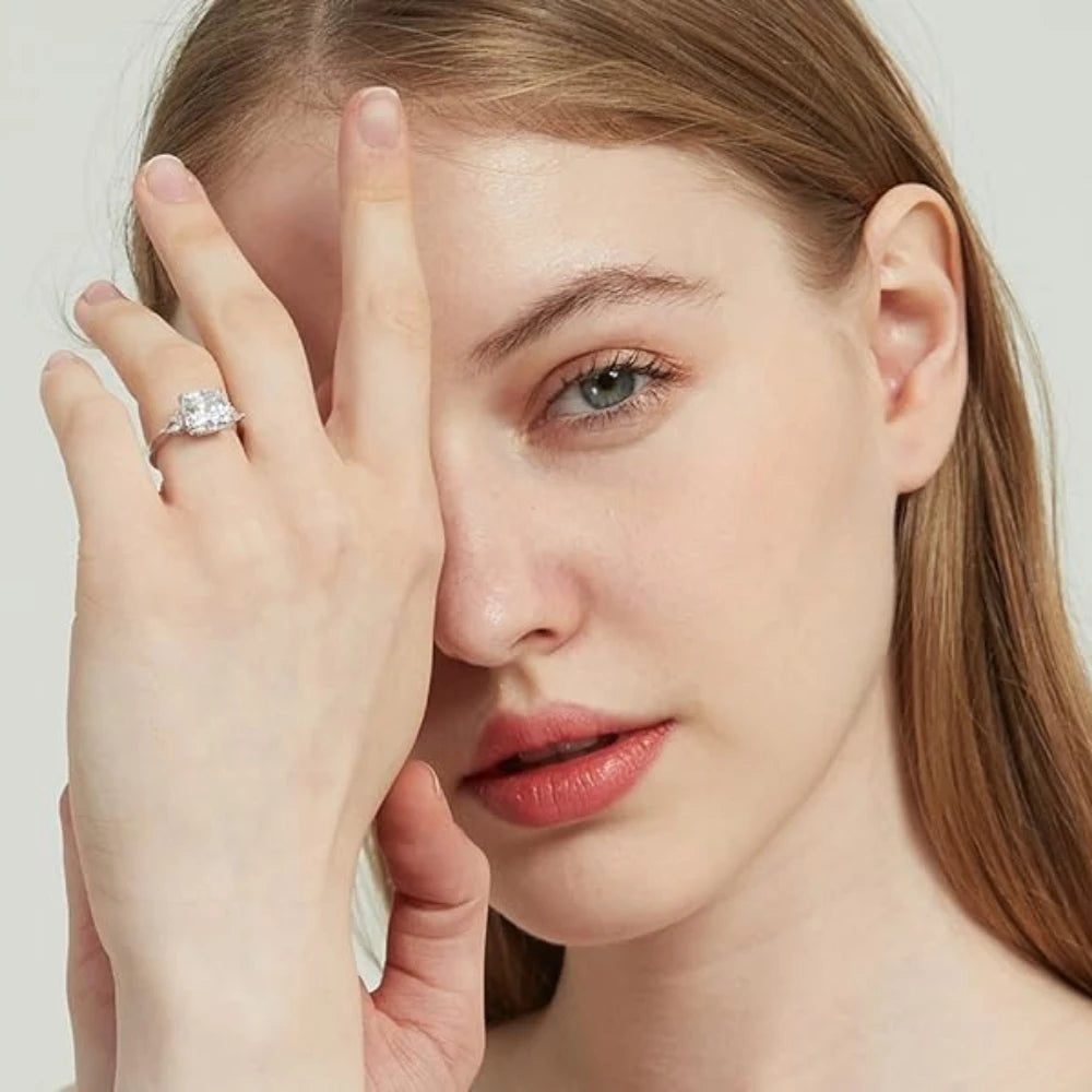 Trumium 3.5CT 925 Sterling Silver Engagement Rings for Women Cushion Cut 3-Stone Promise Rings 5A Zirconia CZ Wedding Bands