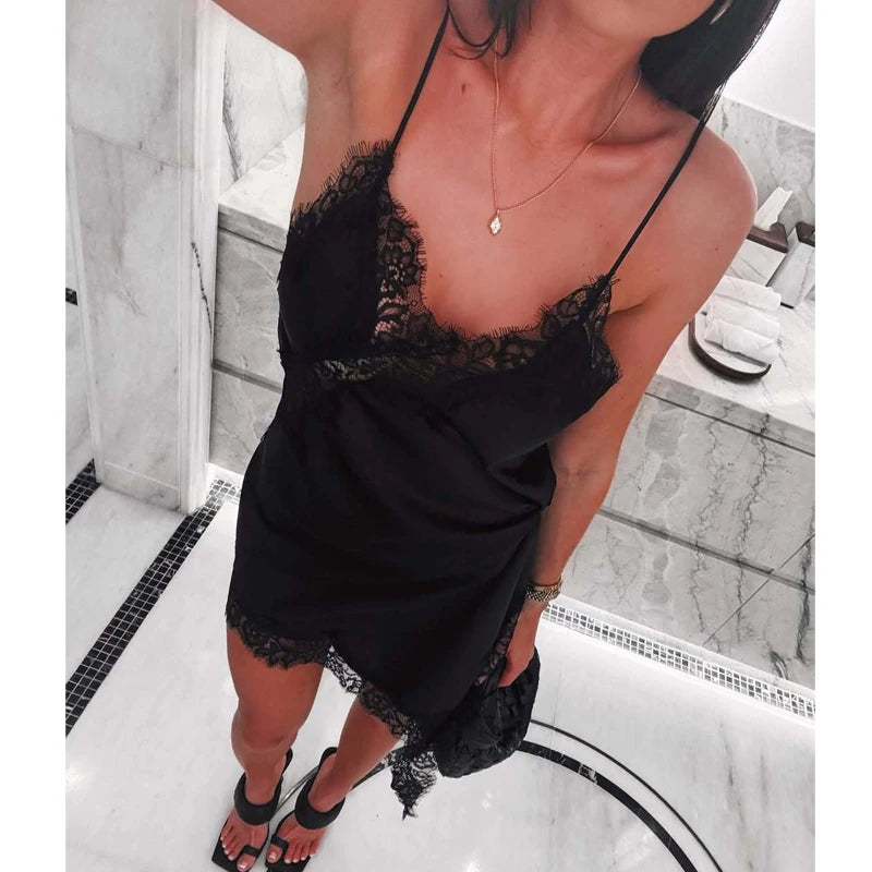 MUJER 2025 Lace Slip Dress Woman Black Backless Short Dresses for Women Asymmetric Party Women's Summer Dress Satin Sexy Dresses