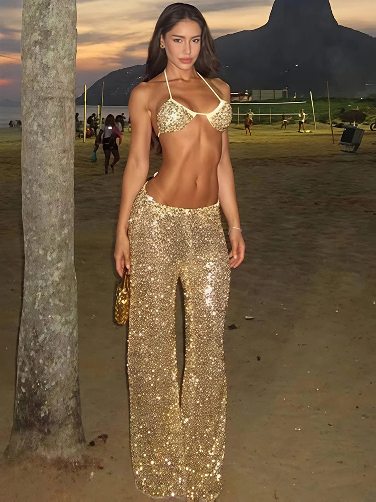 Mozision Glitter Sequin Pants Set Women Summer Fashion Bikini Tops And Trouser Matching Sets Female Beach Club Party Pants Set