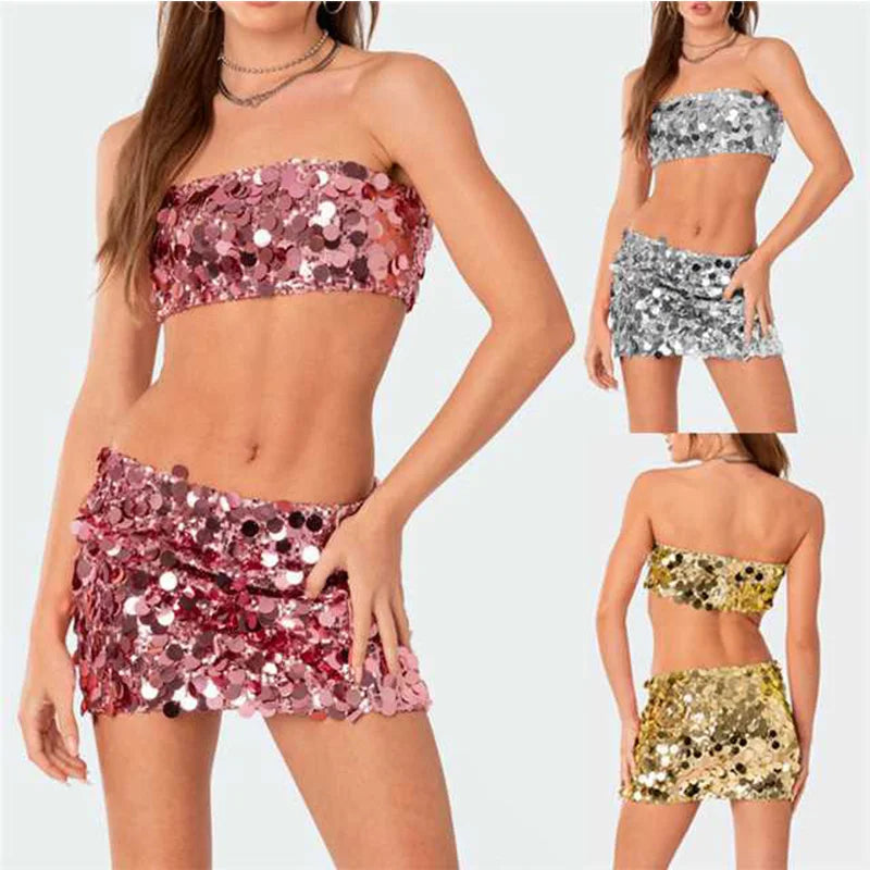 Shiny Sequins 2 Piece Cropped Top Midi Bodycon Skirt Suit