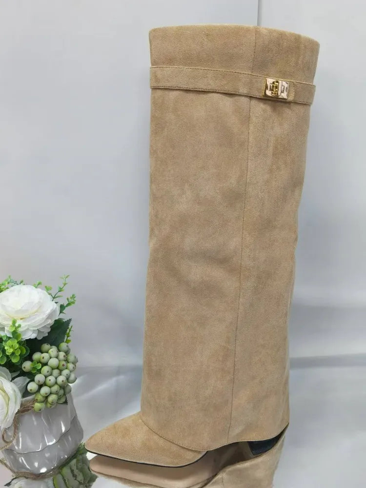 New Pointed Metal Buckle Knee High Women's Boots, Thick High-heeled Pants Boots, Fashionable Mid Leg Boots