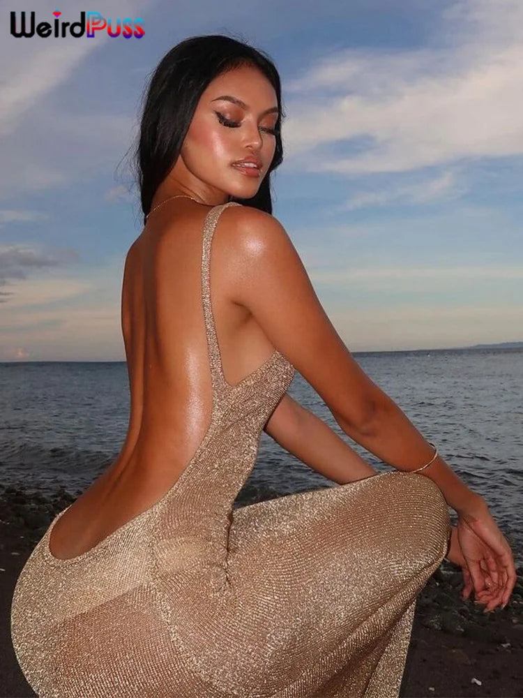 See Through Dress Female 2024Summer Thin Sleeveless Glitter Splits Coquette Backless Clubwear Beach Sexy Vestidos