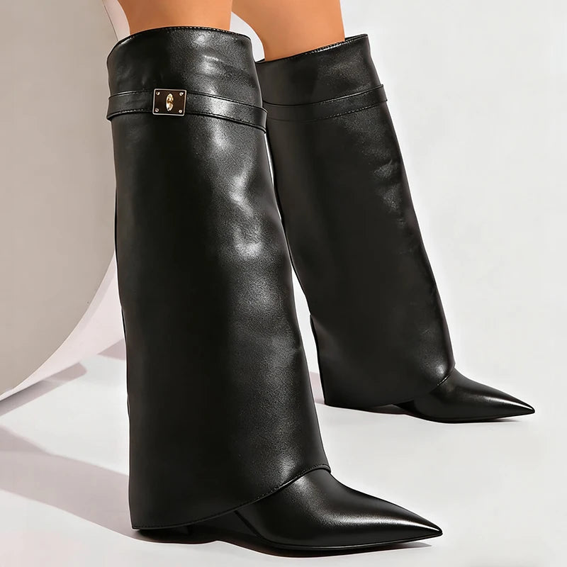 Designer Leather Long Boots Autumn Winter 2026 Wide Calf Shark Boots Woman Wedge Heel Knee High Botas