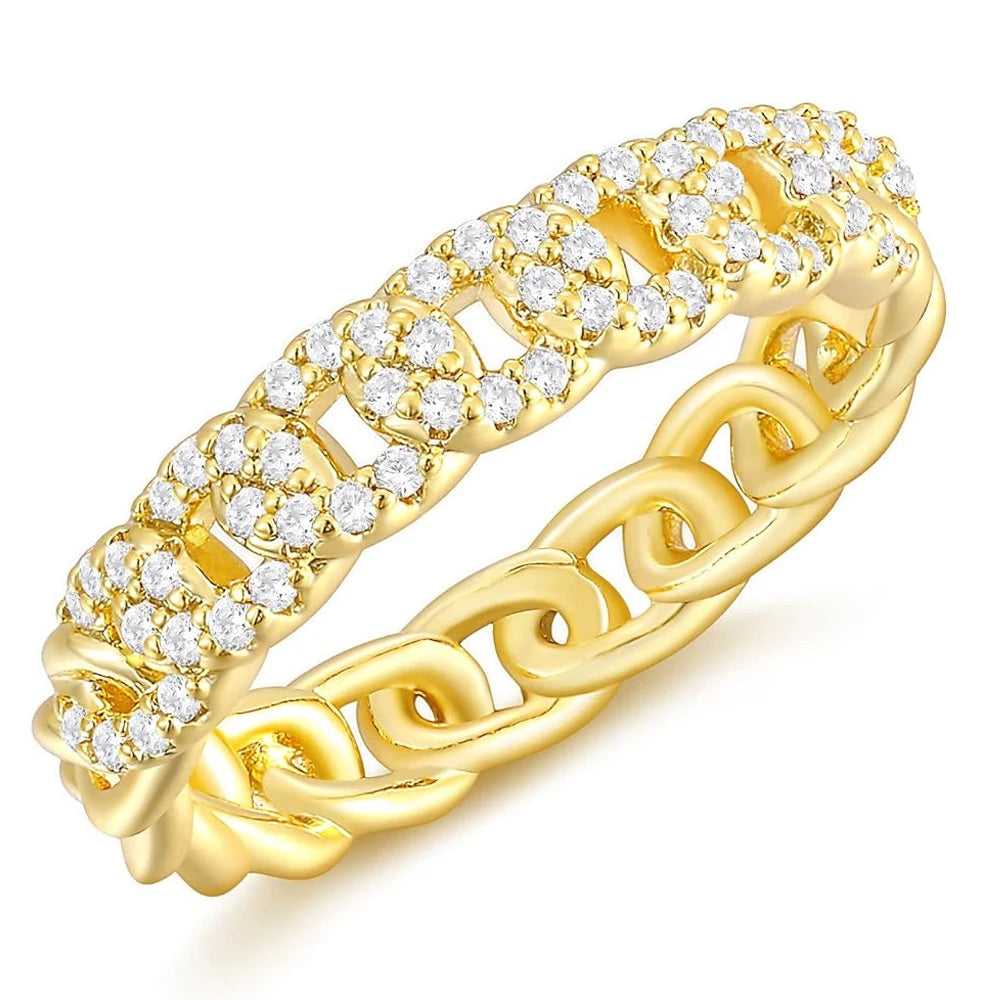 Trumium 14K Gold Plated Chain Link Rings for Women Round Cubic Zirconia Half Eternity Stackable Engagement Promise Rings