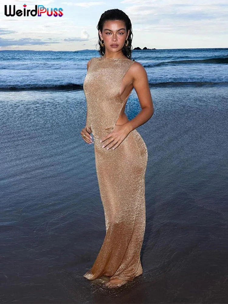 See Through Dress Female 2024Summer Thin Sleeveless Glitter Splits Coquette Backless Clubwear Beach Sexy Vestidos