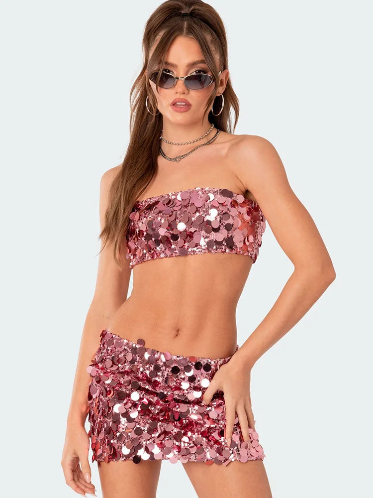 Shiny Sequins 2 Piece Cropped Top Midi Bodycon Skirt Suit