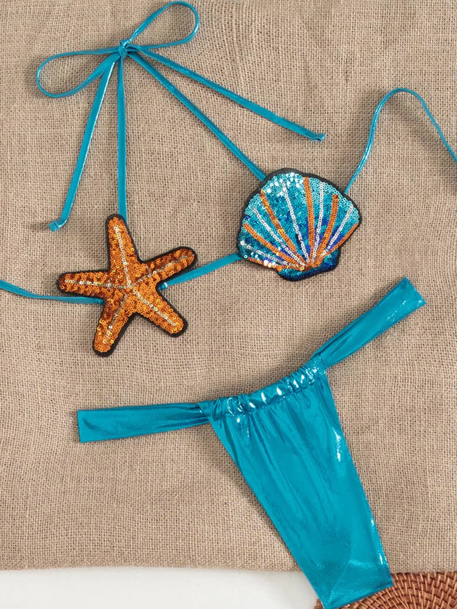 2026 Gem Blue Glossy Bikini Women's Clothing Swimsuit Summer Beach Vacation Outfits Thong Bathing Suit Bandeau Backless Swimwear