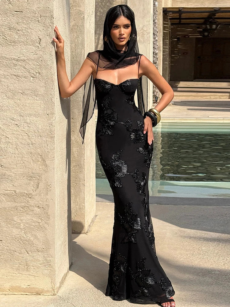 Flower Embroidery Maxi Dress Women Low-Neck Cross Bandage Backless Summer Street New Trend Skinny Elegant Vestidos