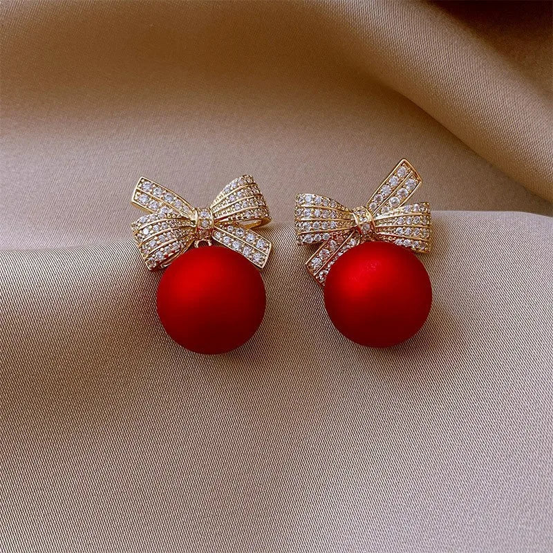 Sweet Red Pearl Rhinestone Bow Stud Earrings Temperament Light Luxury Jewelry For Women Christmas Fashion Gifts