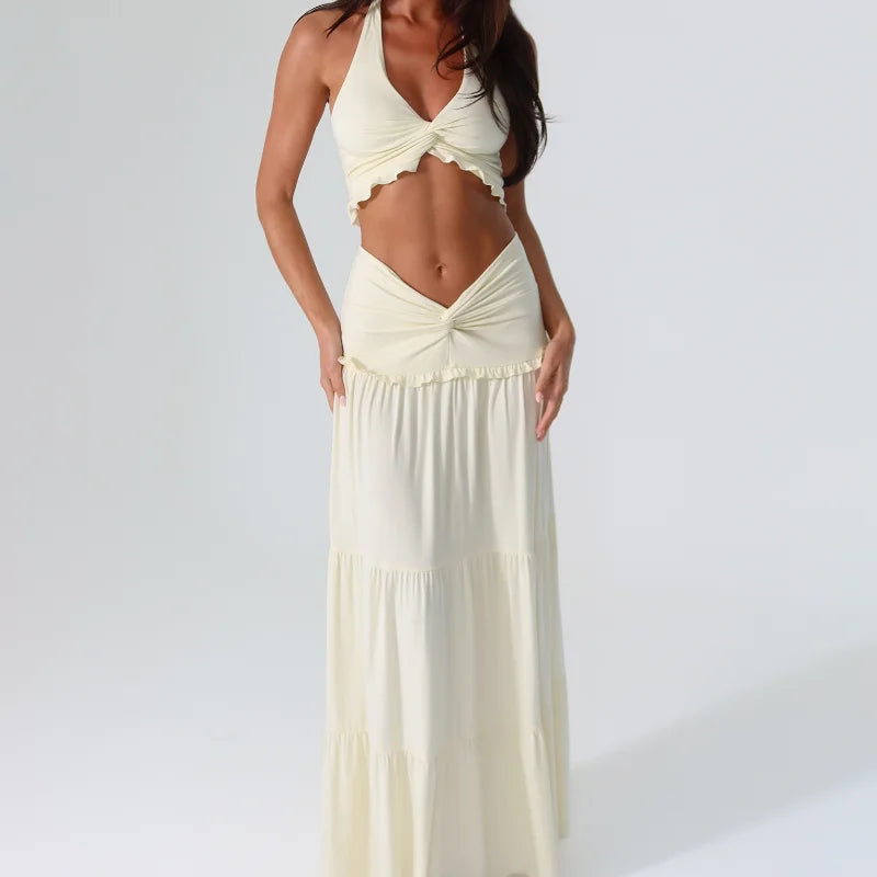 Sexy Party Top Skirt Sets  V Neck Pleated Hem Halter Vest Low Waist Slim Fit Long Skirt 2026 New Lady Beach Dresses