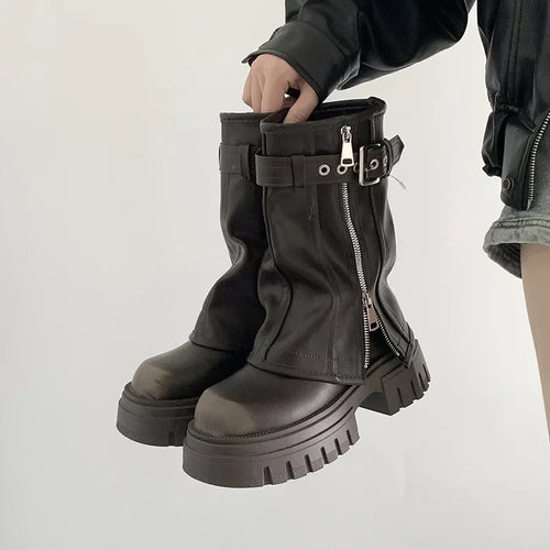 Biker Boots Fashion Belt Buckle Ladies Elegant Platform Long Pipe Booties Casual Women's Knee High Booties2024