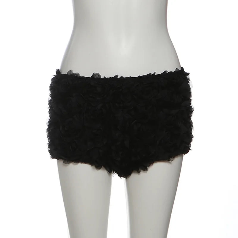 SylCue 3d Flower Decoration Mini Shorts Woman Elastic High Waist Skinny Peach Hip Sweet Girls Street Y2K Style Classic Bottoms