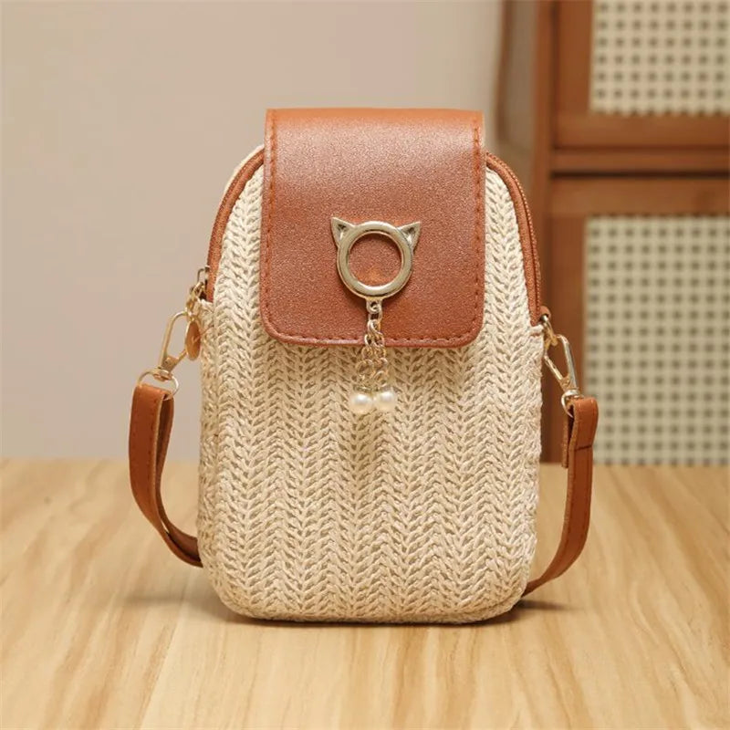 Woven Straw Handwoven Women's Shoulder Bag, Fashion Solid Color Crossbody Purse with Lock Closure