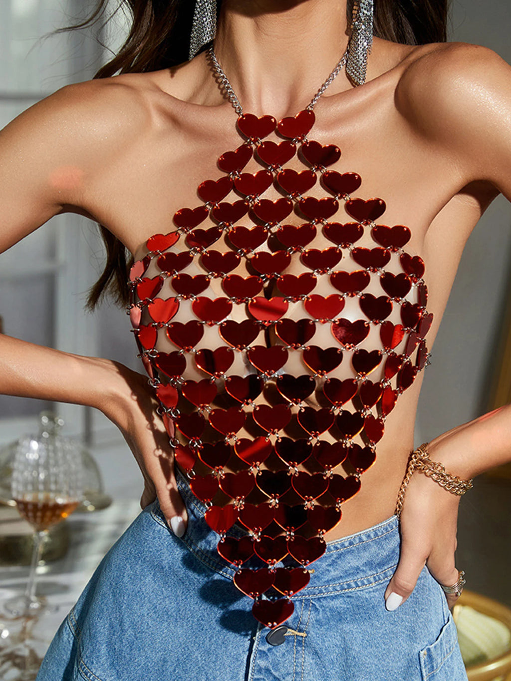 Sexy y2k clothes metal sequin crop top women summer see through body beach halter tank top hotwife nightclub party tops outfits