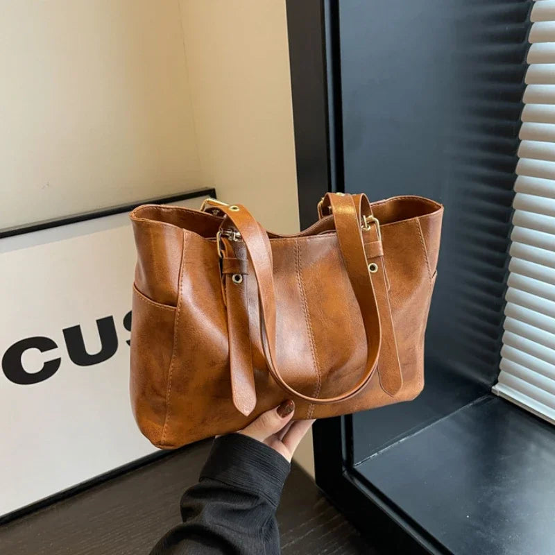 Fashion Retro Women PU Leather Trend High End Lady Tote Bag Large Capacity Female's Commuter Bag Handbag Purses
