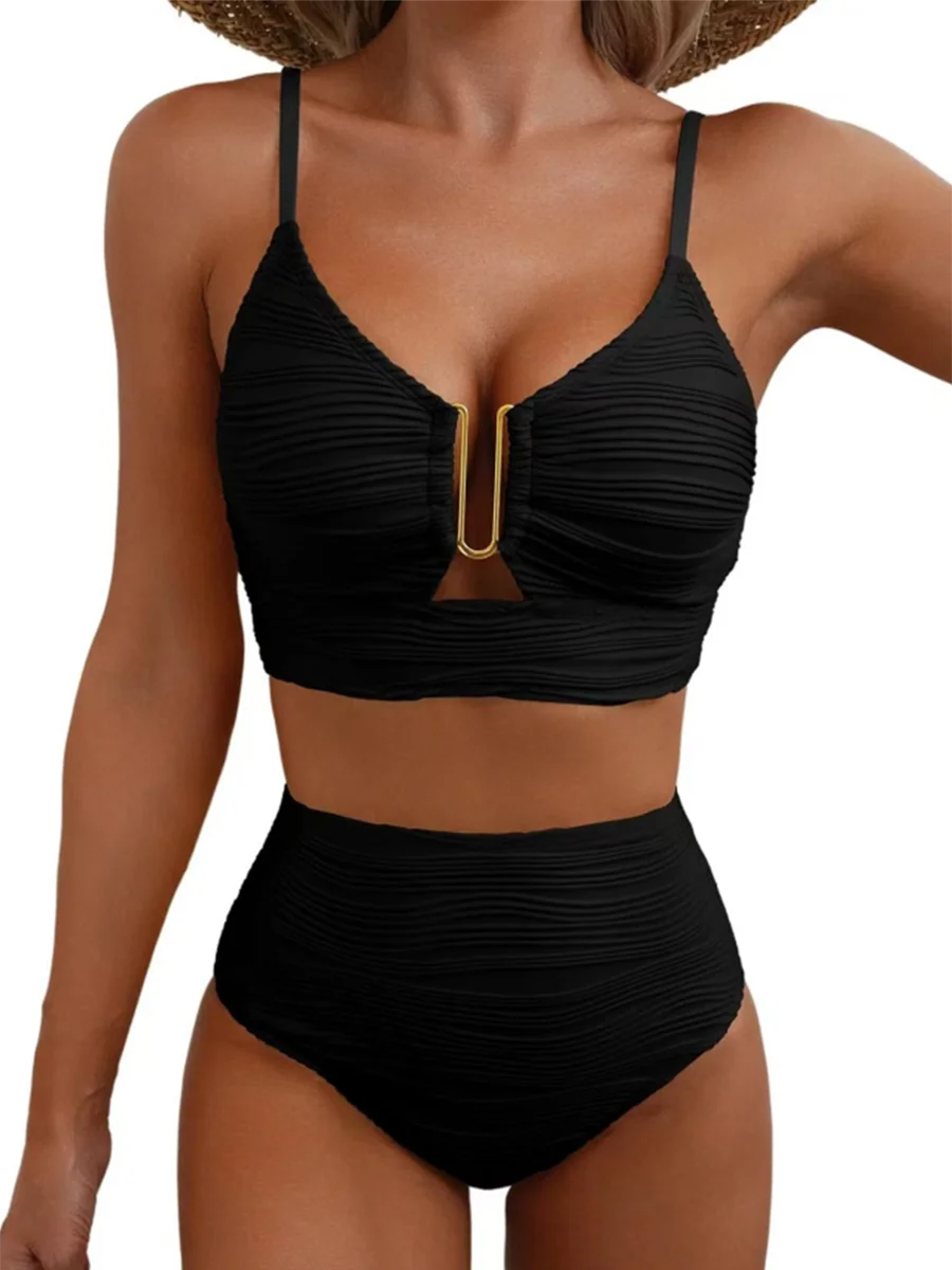 U-wire Bikinis 2026 Women High Waist Swimwear Solid Swimsuit Female Beachwear Summer Bathers Bathing Swimming Swim Suit